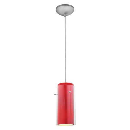 Glass`n Glass Cylinder Pendant - Cord - Brushed Steel Finish - Clear Red Glass Shade